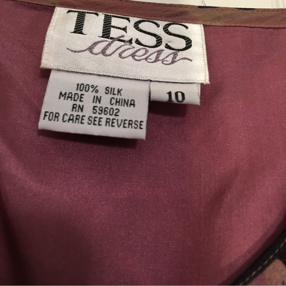 Tess dress 100% Silk Black Mauve Tan VNeck Short Sleeve Lined Maxi Dress Size 10 - Picture 2 of 8